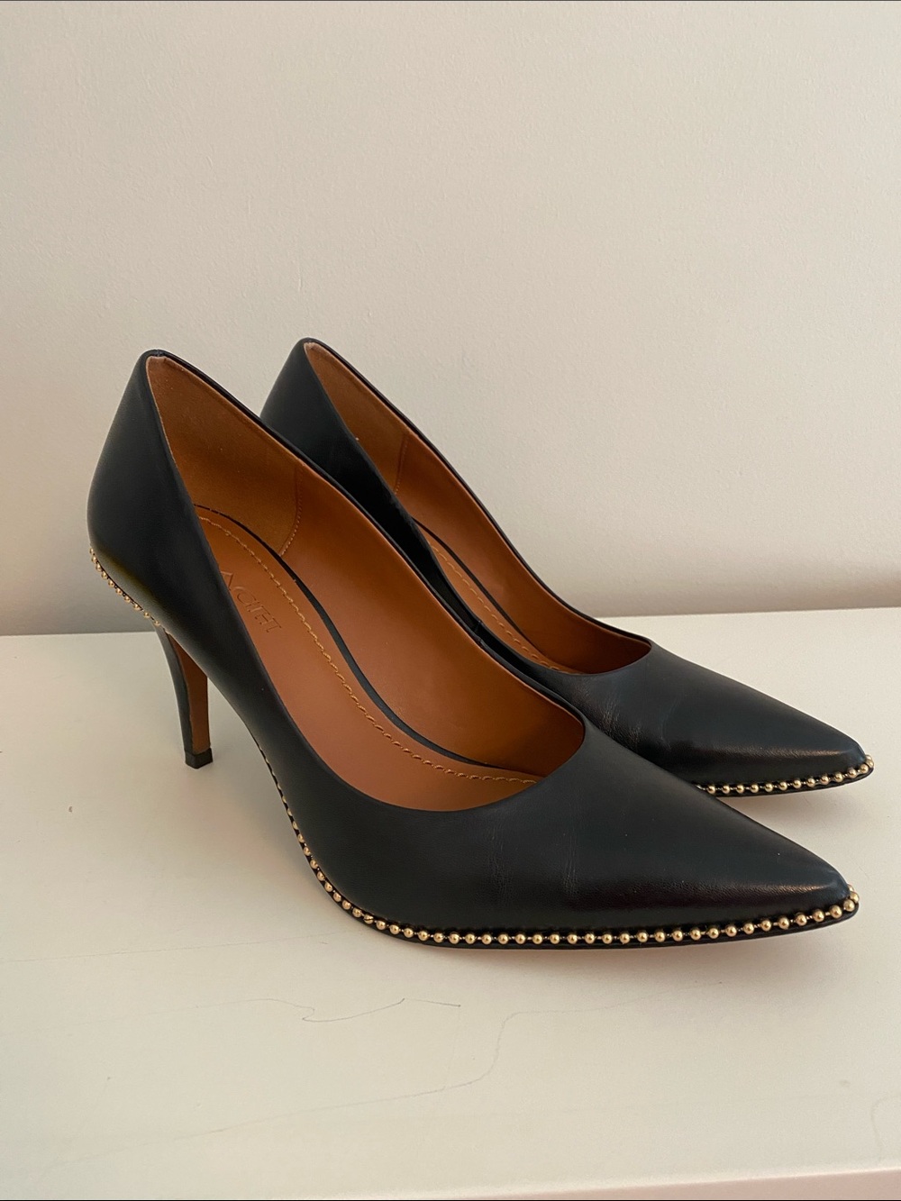 COACH Black Pointed Leather Pumps with Gold Stud Trim size 10